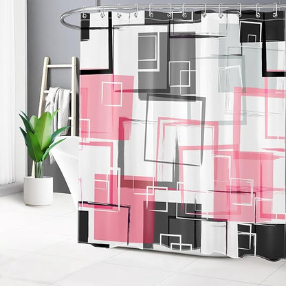 Abstract Geometric Hot Pink Shower Curtain Sets with Rugs, Gray Black and White Geometric Textured Bathroom Curtain Polyester Fabric Bathroom Decoration Shower Curtain Set,70L X 70W Inches