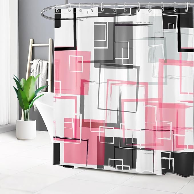 Pink and White Geometric Modern Shower Curtain for Bathroom Decor,Black and Grey Abstract Striped Shower Curtain with Hooks Mid Century Minimalist Bathroom Shower Curtain Set,78L X 72W inches