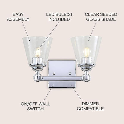 JONATHAN Y 12.75" Chrome Marion 2-Light Vanity Light Wall Sconce for Bathroom Decor, Clear Seeded Glass Shade, Reversible Hardwired Lamp for Mirror Hallway, LED Bulb (JYL7433A)
