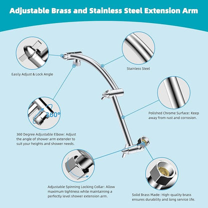 Hibbent Rain Shower Head, 13'' High Pressure Rainfall Square 5 Spray Mode Showerhead with 16" Shower Head Extension Arm, Solid Brass Adjustable Shower Arm Extender, Waterfall fixed Showerheads, Silver
