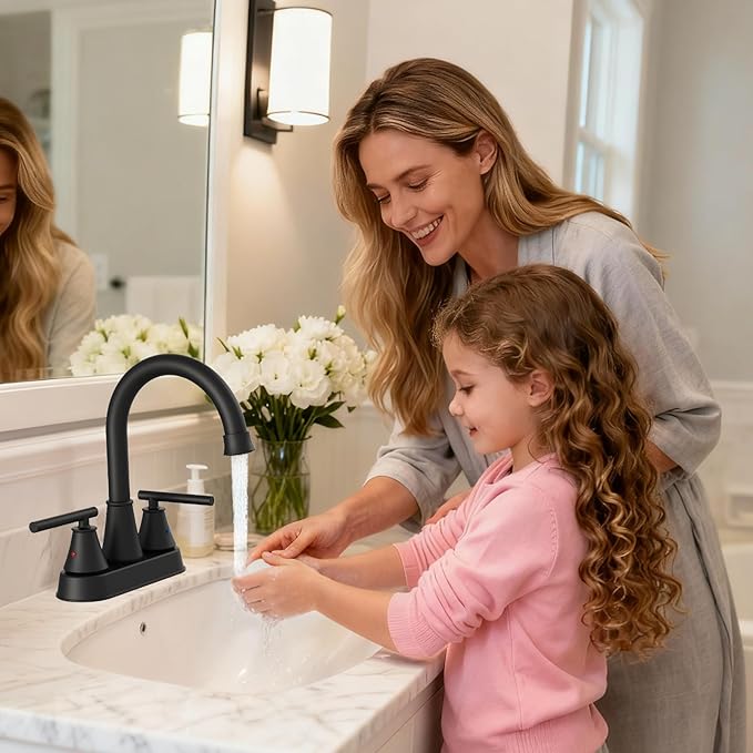 Bathroom Sink Faucet 4 Inch 2 Handle Centerset Matte Black Lead-Free Modern Bathroom Faucet Vanity Faucet with Pop-up Drain Stopper and Supply Hoses