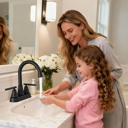 Bathroom Sink Faucet 4 Inch 2 Handle Centerset Matte Black Lead-Free Modern Bathroom Faucet Vanity Faucet with Pop-up Drain Stopper and Supply Hoses