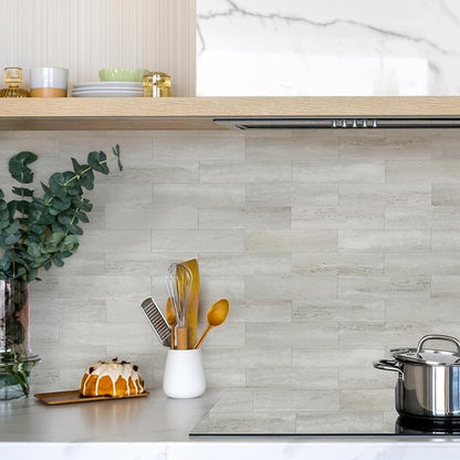 4-Piece Light Gray Stone Peel and Stick Backsplash Tile, 2"x 8" PVC Subway Tiles, Stick on Backsplash for Kitchen/Bathroom/Fireplace