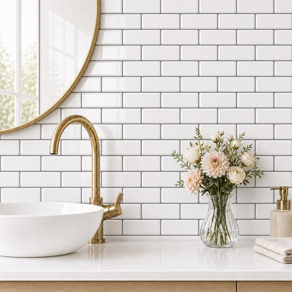 Peel and Stick Backsplash for Kitchen, 3D Subway Thicker 10 Tiles | 12''x12'' Self Adhesive Back Splash for Kitchen, Bathroom, White With Gray Grout
