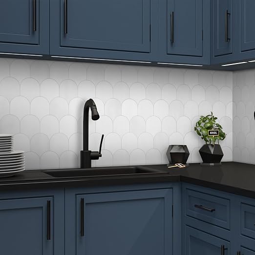 SUNWINGS 10-Sheet Fish Scale Peel and Stick Backsplash Tile, 11.4'' x 10.9" Stone Composite Scallop Handmade Looks Self-Adhesive Wall Tiles for Kitchen Bathroom, White Mixed