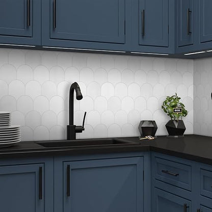 SUNWINGS 10-Sheet Fish Scale Peel and Stick Backsplash Tile, 11.4'' x 10.9" Stone Composite Scallop Handmade Looks Self-Adhesive Wall Tiles for Kitchen Bathroom, White Mixed