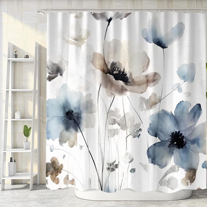 Sanzugh Boho Floral Shower Curtain, Cream Tan Beige Blue Grey White Watercolor Flower Fabric Shower Curtains Set for Bathroom Decoration with Hooks 60 X 72 inch Cute Farmhouse Bath Decor