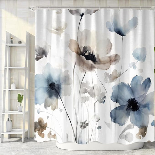Sanzugh Boho Floral Extra Long Shower Curtain, Cream Tan Beige Blue Grey White Watercolor Flower Fabric Shower Curtains Set for Bathroom Decoration with Hooks 72 X 83 inch Cute Farmhouse Bath Decor