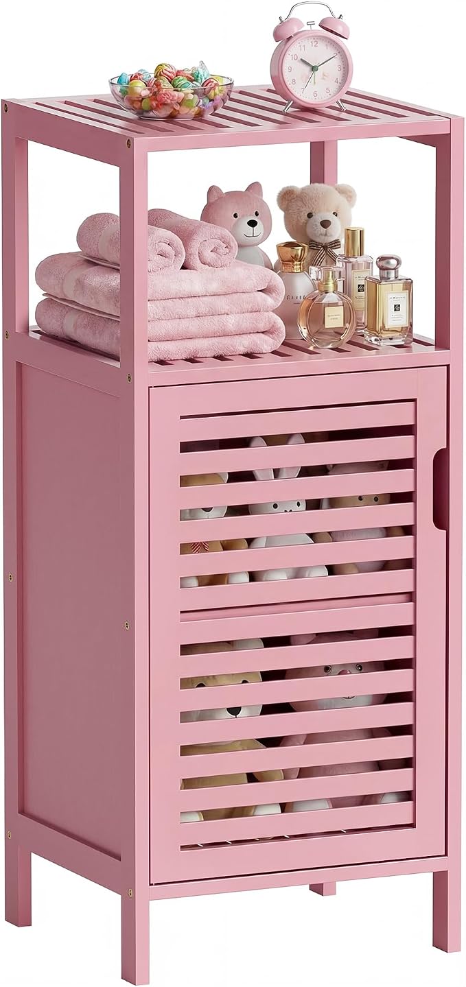 HITNET Small Bathroom Storage Cabinet, Bamboo Floor Cabinet Single Door, Freestanding Narrow Side Organizer for Living Room Hallway Entryway, Pink