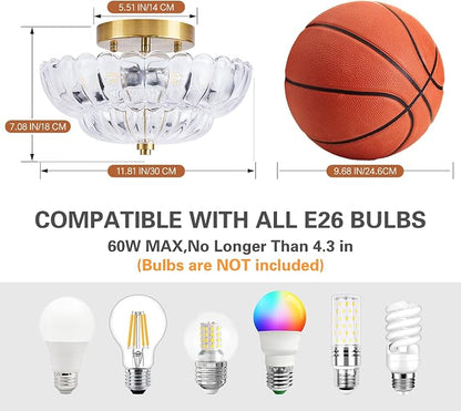 Clear Glass Semi Flush Mount Ceiling Light Fixture,11.8 in,3-Lights | Flower Shape,Round Gold Base,Use E26 Bulb,Support Dimmable,for Hallway,Bedroom,Bathroom,Foyer,Closet,Entryway,Laundry Room