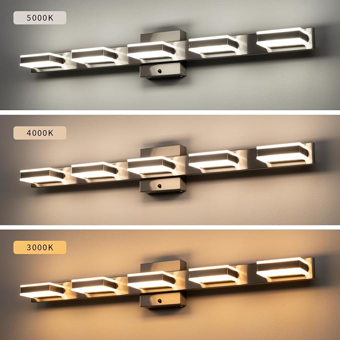 mirrea 32" 5 Light 3CCT LED Brushed Nickel Bathroom Vanity Light Fixture | Over Mirror,Bathroom Lighting,3000K/4000K/5000K ,Dimmable,Rust-resistant,Moisture-resistant,Acrylic shade,Wall Mount