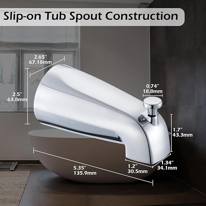 Slip-on Tub Spout with Diverter, Compatible with 1/2 Inch Copper Tube Fit, Bathroom Bathtub Spout 1-Pack (Polished Chrome)