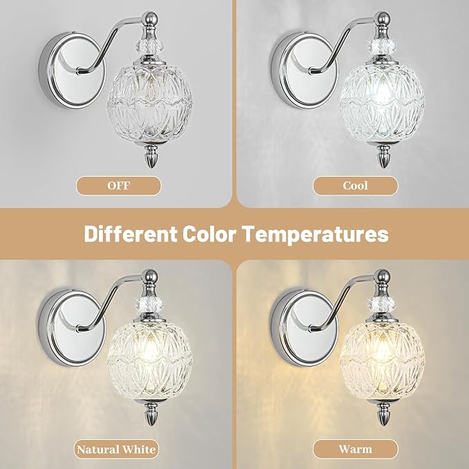 1 Piece Brushed Chrome Wall Sconce, 1-Light Mid Century Modern Brushed Chrome Finish Wall Sconce with Globe Glass Shade, Modern Light for Bathroom, Bedroom, Living Room,Powder Room