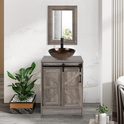 24" Farmhouse Bathroom Vanity with Sink, Bathroom Storage Cabinet with Sliding Barn Doors & Metal Handle, Freestanding Vanity with Tempered Bluish Brown Round Glass Vessel Sink Combo Set