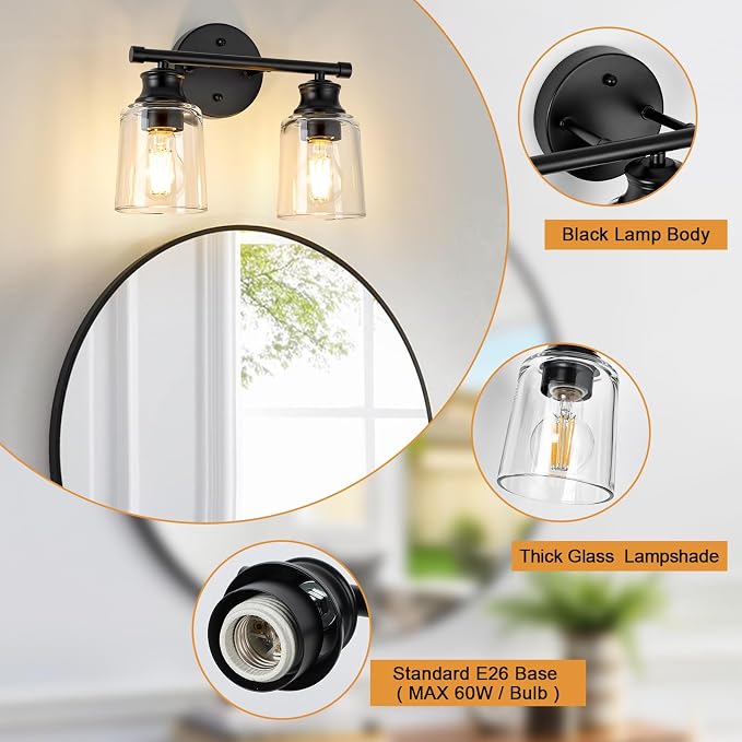 Bathroom Light Fixtures Over Mirror, 2 Lights Vanity Lights with Clear Glass Shade, 12.1" Matte Black Farmhouse Bathroom Wall Light Fixtures for Bedroom, Porch, Hotel, Mirror Cabinet