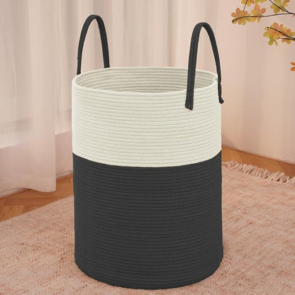 JMvicyroam 80L Cotton Rope Laundry Basket Hamper, White and Black | Collapsible laundry basket, reinforced handles, freestanding, machine washable, holds 3-5 thick blankets, clothes or toys