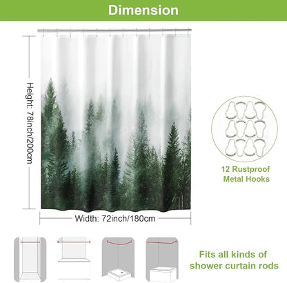 ORTIGIA 78 Inch Green Misty Forest Shower Curtain for Bathroom, Nature Woodland Shower Curtain Set with Hooks, Decorative Pine Tree Fog Magic Bath Curtain, Waterproof Fabric, Weighted, 72x78