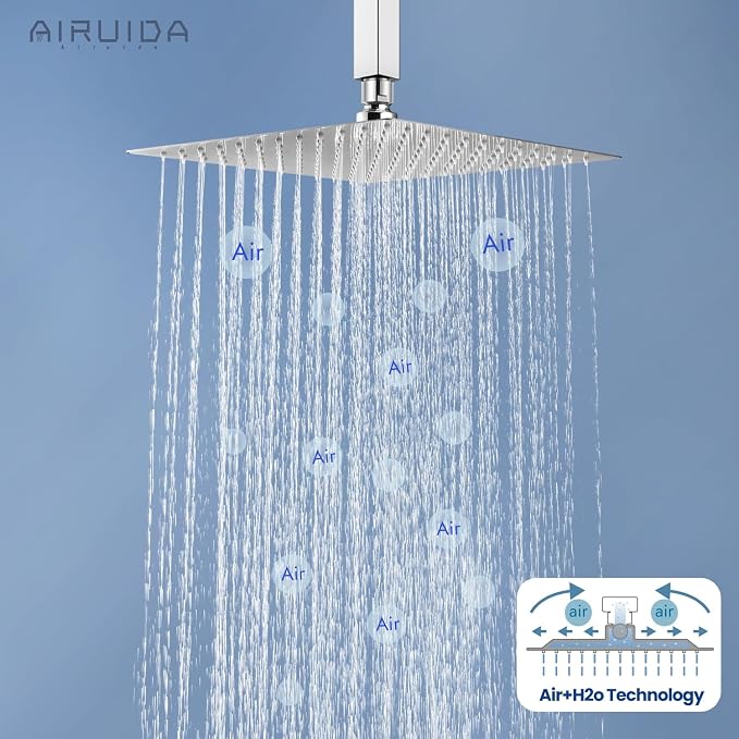 Airuida 10 Inch Brushed Nickel Shower Faucet Set,Rainfall Shower System | Ceiling Shower Head,Male Thread Rough-in Valve,Ceiling Mount,Single Handle