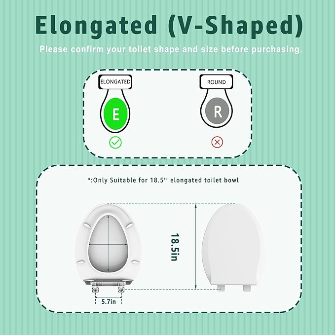 Toilet Seat Elongated Toilet Seat 18.5inch, Soft Close Toilet Seat Easy Clean, Oval V-Shaped Toilet Lid for Home Use, White PP Material, 2 Year Support