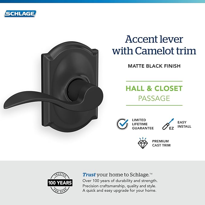 Schlage F10 ACC 622 CAM Accent Door Lever with Camelot Trim, Hall & Closet Passage Lock, Matte Black