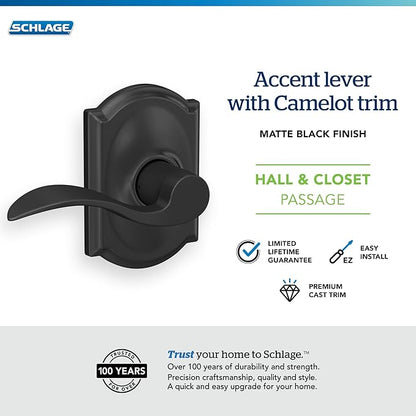 Schlage F10 ACC 622 CAM Accent Door Lever with Camelot Trim, Hall & Closet Passage Lock, Matte Black