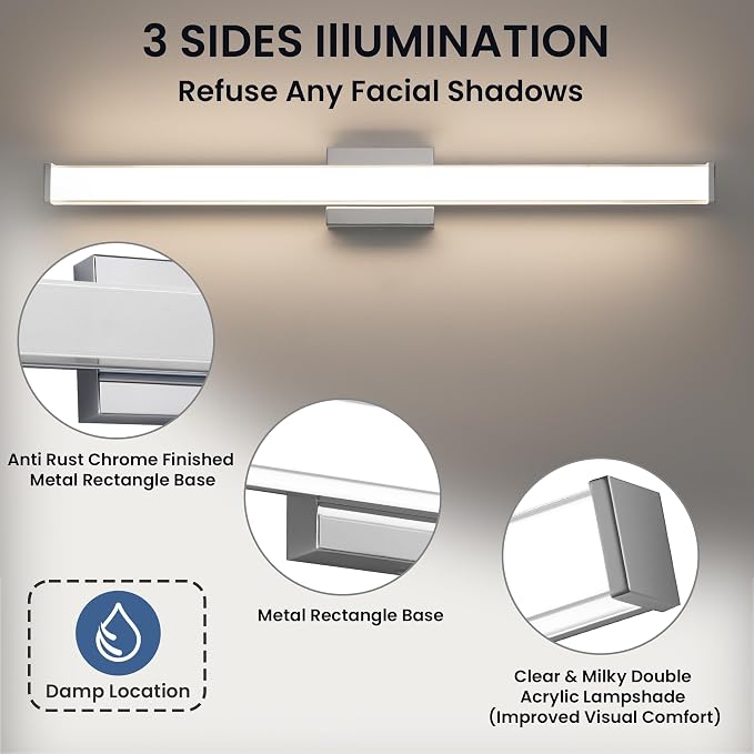 Modern LED Bathroom Vanity Light 36 inch 24W Dimmable 3CCT Bathroom Light Fixture Over Mirror Rectangle Bath Vanity Light Bar with Double Layer Acrylic Shade (Chrome)