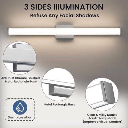 Modern LED Bathroom Vanity Light 36 inch 24W Dimmable 3CCT Bathroom Light Fixture Over Mirror Rectangle Bath Vanity Light Bar with Double Layer Acrylic Shade (Chrome)