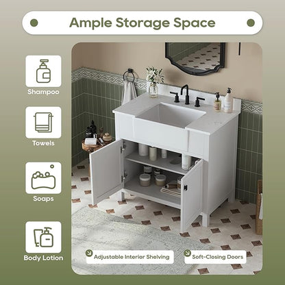 36 Inch Bathroom Vanity with Sink, Farmhouse Single Sink Bathroom Vanity with Adjustable Feet, Bathroom Storage Cabinet with Soft Closing Doors, Apron Farm Sink, White