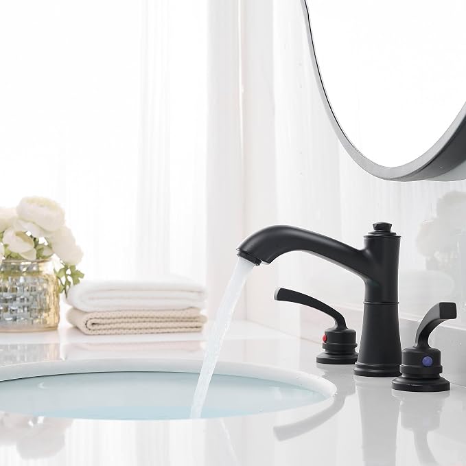 Brass Black Widespread Bathroom Faucet 3 Hole, 8 Inch Farmhouse Black Bathroom Sink Faucet 2 Handle with Pop up Drain & Pre-Installed Water Hose