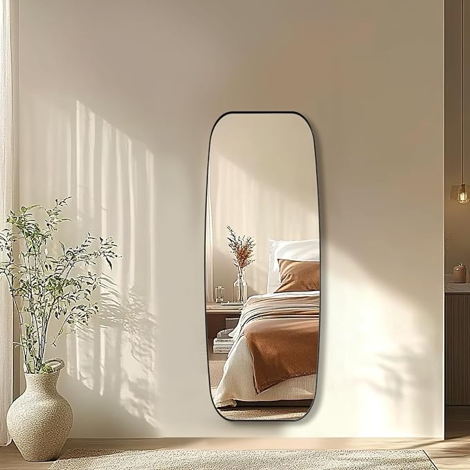 18x48 Full Length Wall Mirror, Matte Black Oblong Shaped Body Mirror with Stainless Steel Metal Frame, Rounded Corner Design for Floor and Leaning