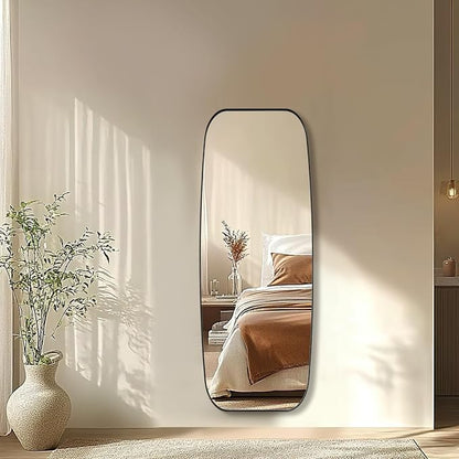 18x48 Full Length Wall Mirror, Matte Black Oblong Shaped Body Mirror with Stainless Steel Metal Frame, Rounded Corner Design for Floor and Leaning