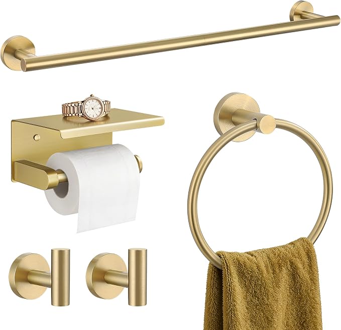 TURS Brushed Gold 5-Piece Bathroom Hardware Set Towel Bar Set SUS304 Stainless Steel Towel Racks for Bathroom Wall Mounted, 23.6-Inch
