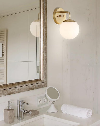 JONATHAN Y 5.75" Brass Gold Modern Globe Wall Sconce Vanity Light for Bathroom, White Frosted Glass Shade, Midcentury Parisian Bistro Wall Lamp, LED Bulb Included JYL3534A