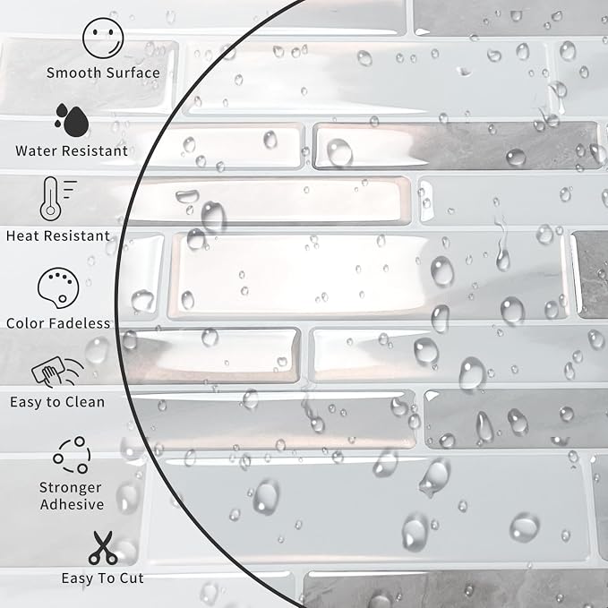 10-Sheet Peel and Stick Kitchen Backsplash Tiles | 3D Waterproof Self Adhesive Wall Tile Stick on Backsplash for Kitchen and Bathroom(Beige White,12"×12")