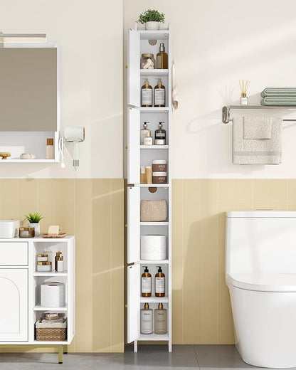Bathroom Storage Cabinet, Tall Corner Floor Cabinet with 4 Doors and Adjustable Shelf, Narrow Toilet Paper Cabinets, Bathroom Organizer for Small Spaces, 7.9" D x 7.9" W x 70.9" H White