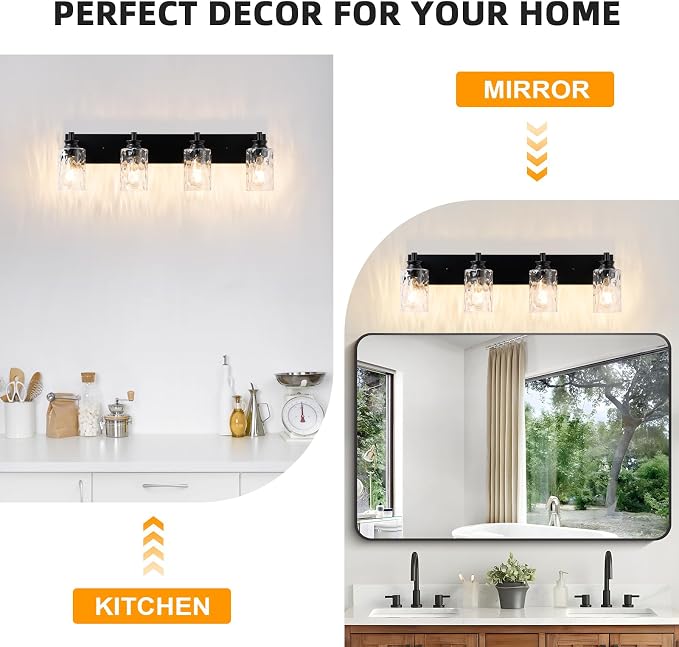 4 Light Bathroom Vanity Light Modern Black Bathroom Light Fixtures Over Mirror with Hammered Glass Lampshade for Kitchen Hallway
