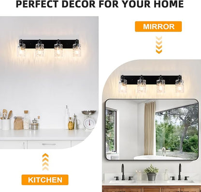 4 Light Bathroom Vanity Light Modern Black Bathroom Light Fixtures Over Mirror with Hammered Glass Lampshade for Kitchen Hallway