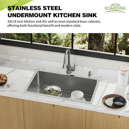 Kitchen Sink, 30x18 Inch Stainless Steel Undermount Modern Single Bowl Drop In Kitchen Sink Combo-Silicon Mat,Drain Strainer Set Offering Large Basin And Compatibility With Various Kitchen&Bar Style