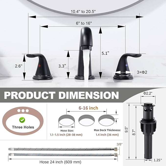 Widespread Bathroom Sink Faucet, ALEASHA Matte Black Bathroom Faucet with Pop Up Drain, Washroom Sink Faucets 3 Holes for RV/Vanity Camper, 304 Stainless Steel Tap with Lead-Free Supply Lines