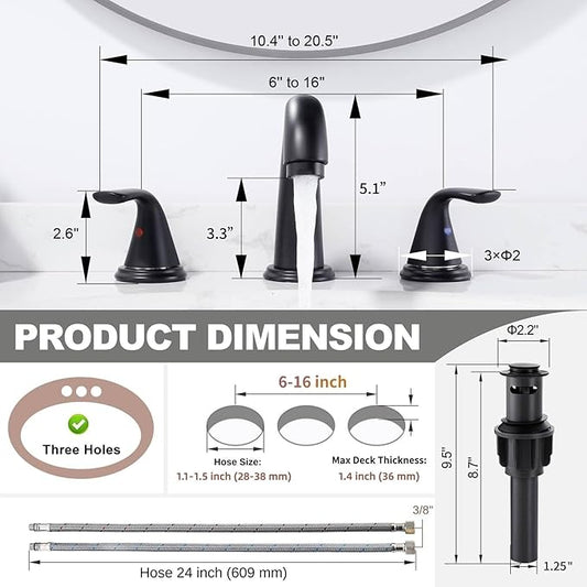 Widespread Bathroom Sink Faucet, ALEASHA Matte Black Bathroom Faucet with Pop Up Drain, Washroom Sink Faucets 3 Holes for RV/Vanity Camper, 304 Stainless Steel Tap with Lead-Free Supply Lines