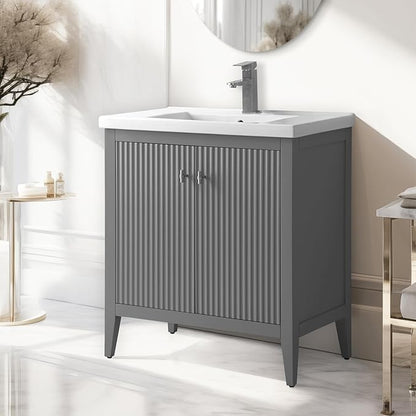 Vanity Art 30 inch Bathroom Vanity with Single Sink & Ceramic Top, Vanity Cabinet with Soft-Closing Door, Solid Wood Frame, Linear Pattern, Cashmere Gray, Golden Brushed Handware VA9130-G-GB