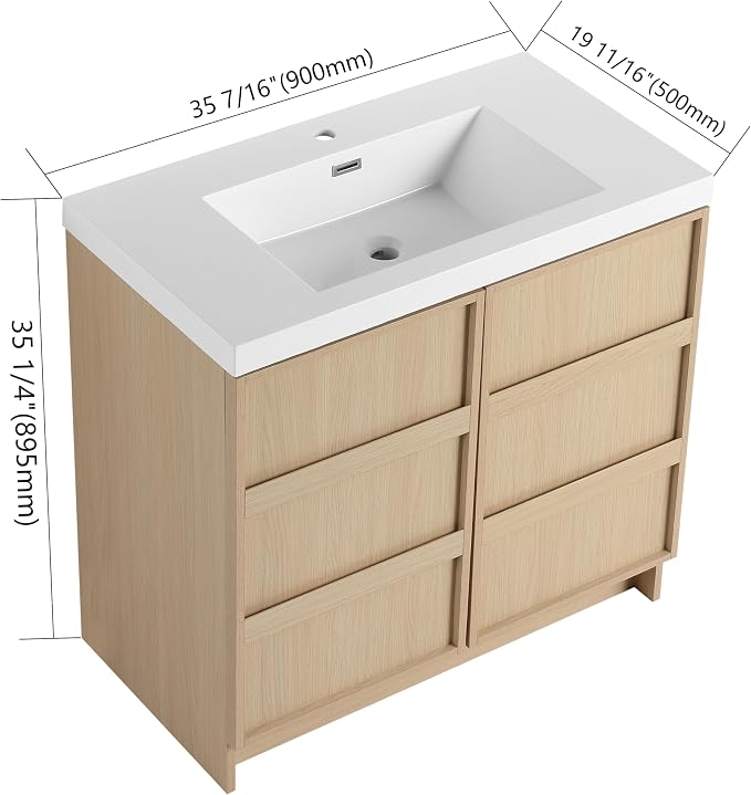 36-Inch Bathroom Vanity with Sink Mid-Century Bathroom Vanities with Top Basin Floor Wood Bathroom Sink Cabinet with Soft-Close Doors & Adjustable Storage Shelves (Oak)