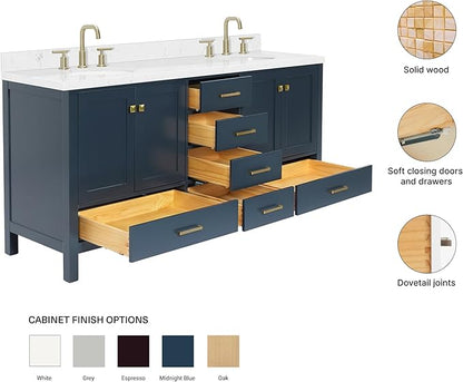 ARIEL Cambridge 72-inch Bathroom Vanity with Sink,Solid Wood, 1.5-inch Carrara White Quartz Countertop, Double Oval Porcelain Sink, 4 Soft Closing Doors, 6 Dovetail Drawers, Midnight Blue