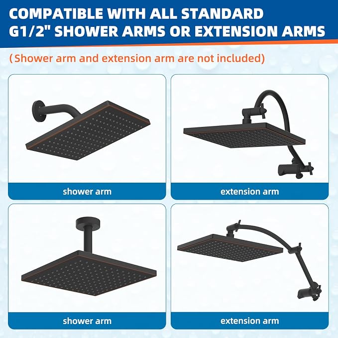 Hibbent cUPC Certified High Pressure 12'' Shower Head, Oil Rubbed Bronze | Thickness Metal Showerhead, Square Large Bathroom Rainfall Shower Head, Adjustable Brass Ball, Waterfall Full Body Coverage