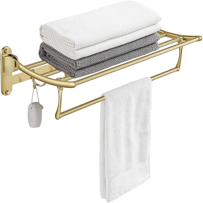 Towel Racks with Foldable Towel Bar Hooks, Wall Mounted Brushed Gold | 24 Inch Bathroom Towel Shelf Holder, Multifunctional Storage Bathroom Accessories, Double Towel Bars, Rust-resistant Metal