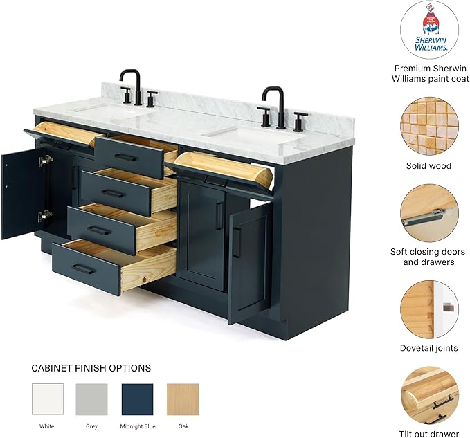 DKB Isabella 72 Inch Bathroom Vanity Double Sink — Midnight Blue Bathroom Vanity with Sink, 1.5" Edge Italian Carrara Marble Countertop, 4 Soft-Close Doors, 4 Dovetail Drawers, and 2 Tilt Drawers