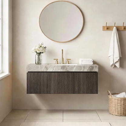 48" Floating Bathroom Vanity with Sink, Plywood Bathroom Vanities with Drawer and Doors, Light Gray Sintered Stone and 3 Pre-drilled Faucet Holes Ceramic Basin, Pre-Assembled, Espresso Woodgrain
