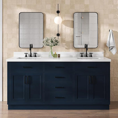 DKB Isabella 72 Inch Bathroom Vanity Double Sink — Midnight Blue Bathroom Vanity with Sink, 1.5" Edge Pure White Quartz Countertop, 4 Soft-Close Doors, 4 Dovetail Drawers, and 2 Tilt Drawers