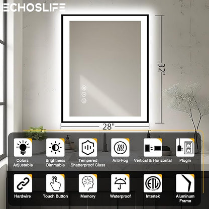EchosLife 28x32 LED Bathroom Mirror - Black Aluminum Framed | Black Frame, Front and Backlit, Anti-Fog, Stepless Dimmable, 3 Colors, Memory, Tempered Glass, UL Listed, Horizontal/Vertical
