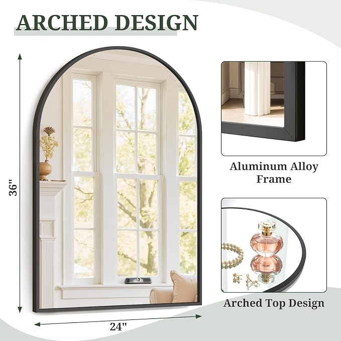 Arched Wall Mirror 36x24 Inch Black Bathroom Vanity Mirror with Metal Frame | Modern Arch Mirror for Bedroom, Living Room, Entryway, Wall Mounted Decorative Mirror